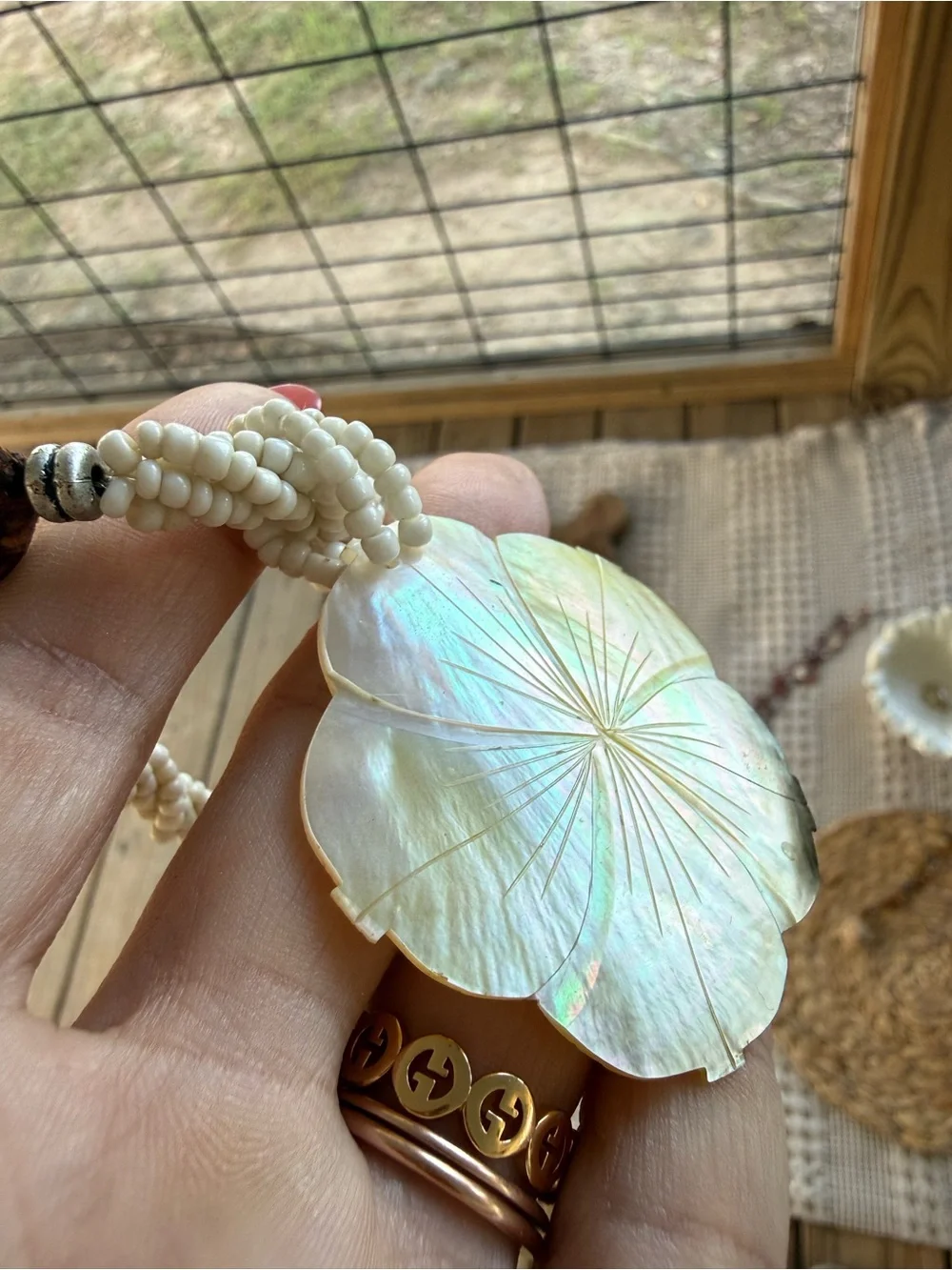 Vintage Mother of Pearl Flower Pendant White Beaded Statement Necklace Boho